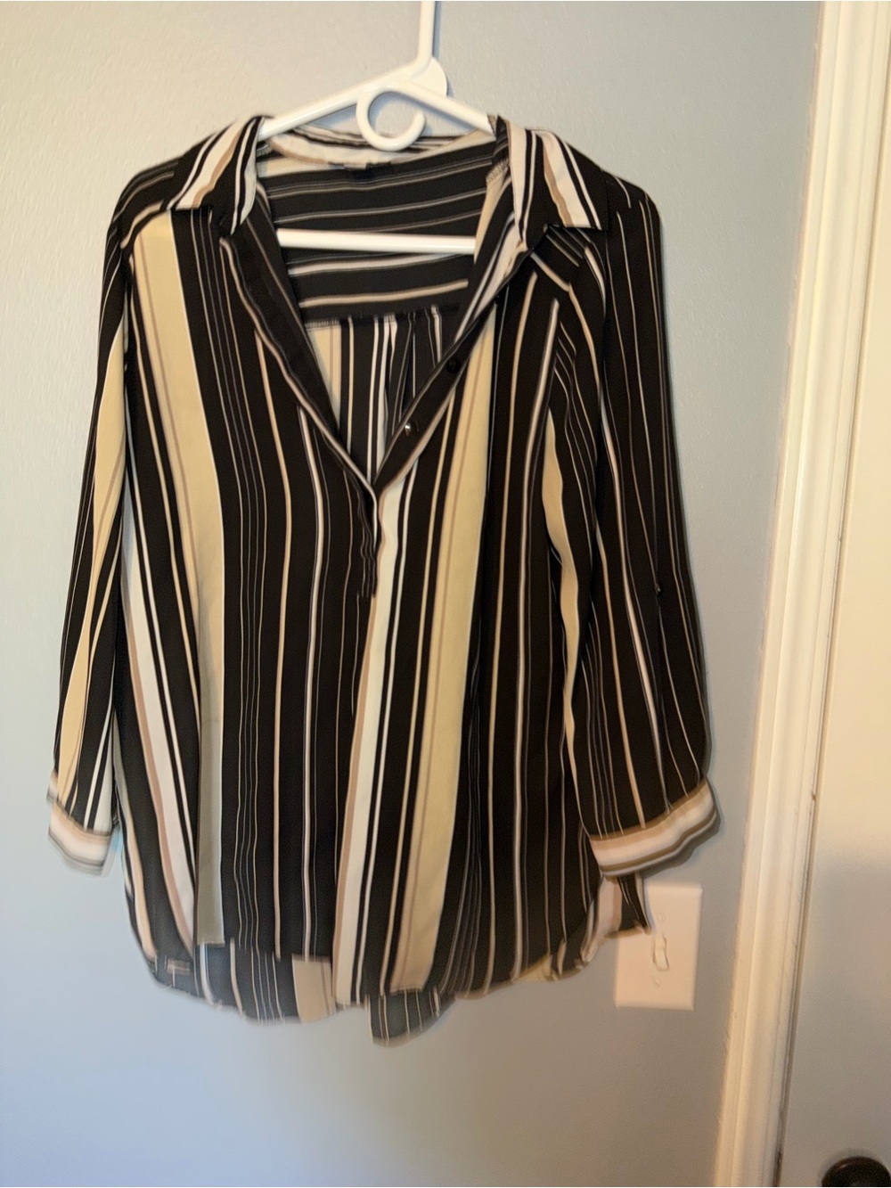 Woven Black & Cream Striped Button-Down Blouse